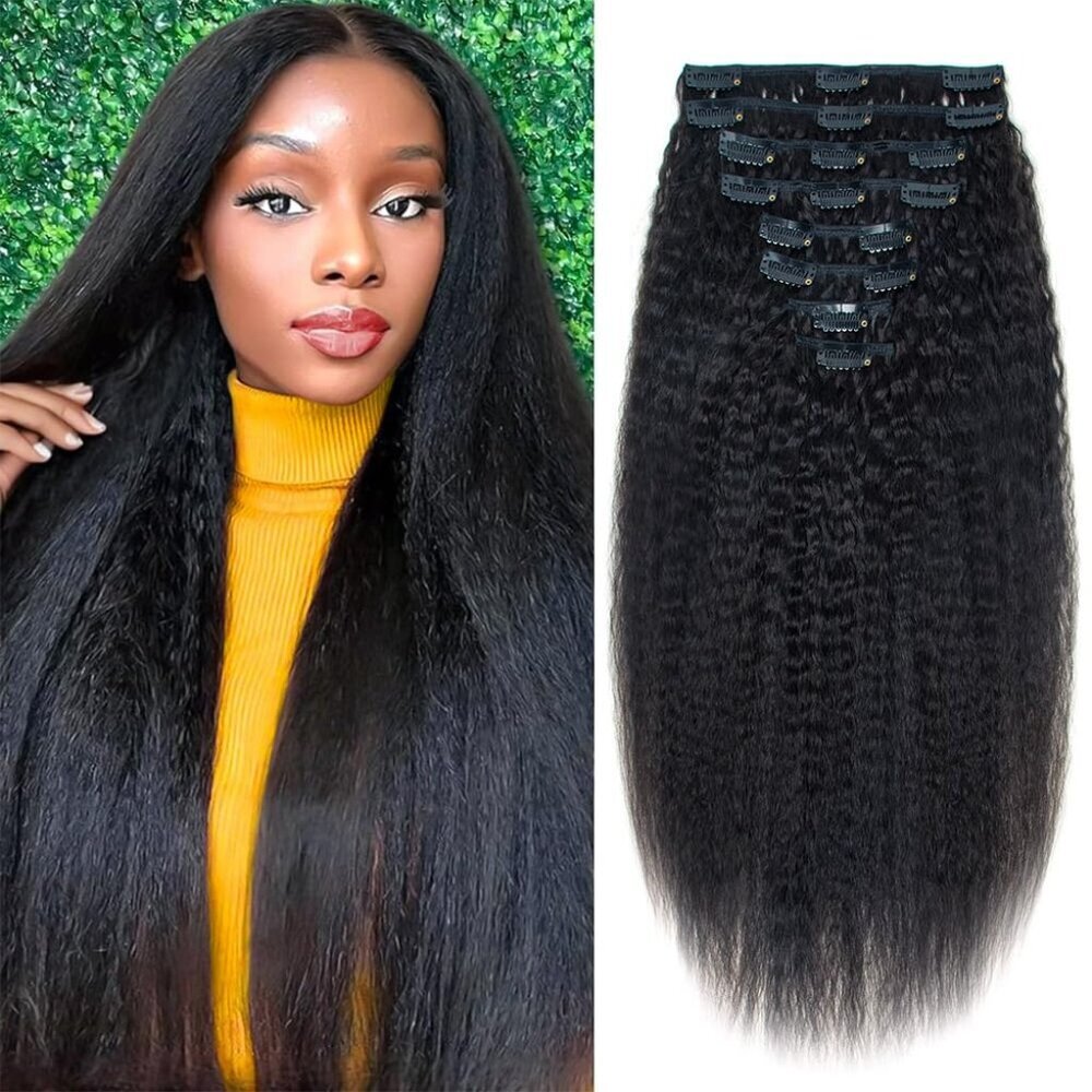Kinky Straight Clip In Hair Extensions 18 Inch Real Human Hair Natural Black